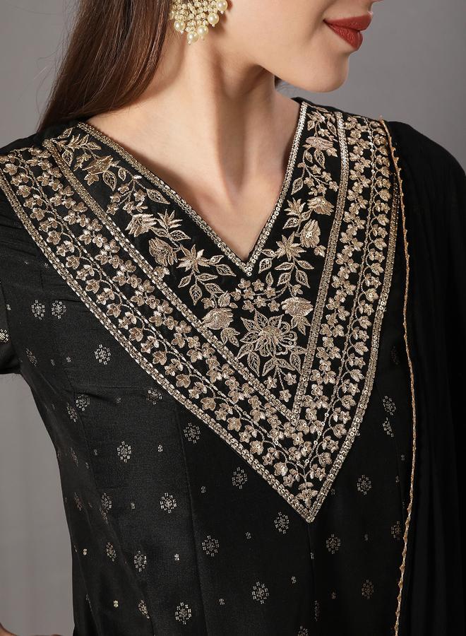 globus Women Black V-Neck Embroidered Gold Foil Kurta with Pant and Dupatta Set - Image 3